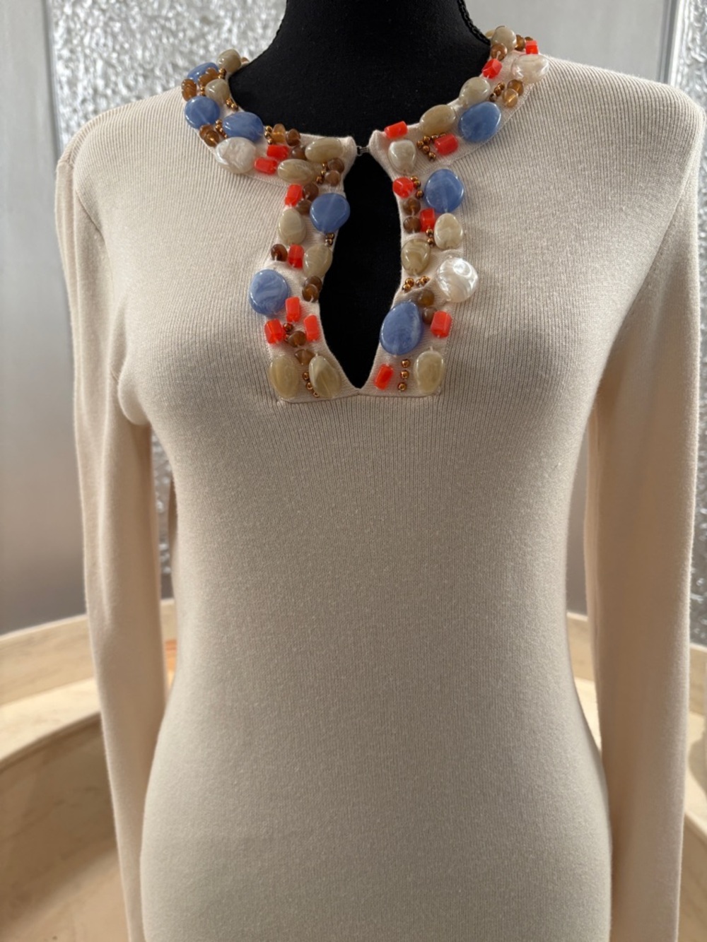 NWOT Beaded Embellished Cream Women's Necklace Top by Kenje Natural, M